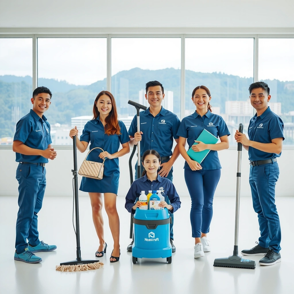 Neatcraft Cleaning Services team members in professional uniforms with cleaning equipment